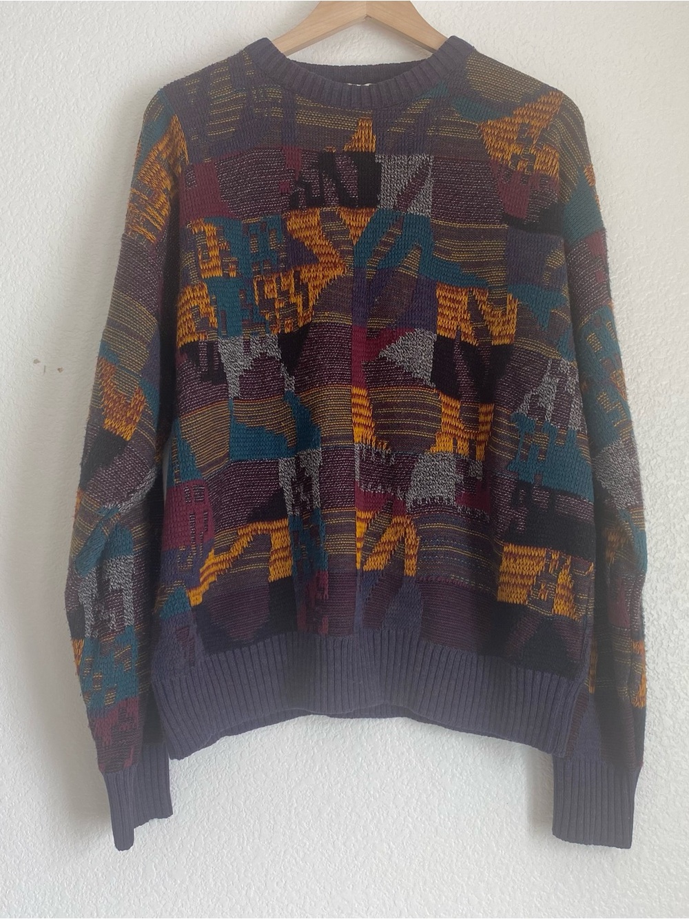 Vintage multi-colored abstract coogie-style 3D knit sweater, XL